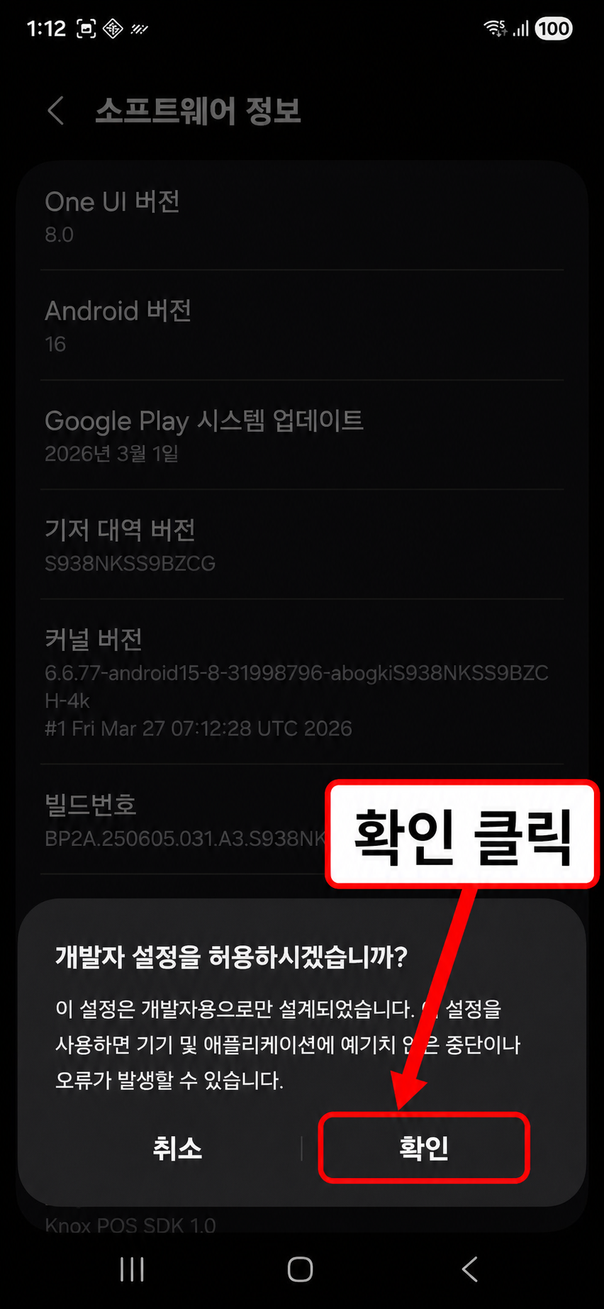 개발자 설정 허용 확인 버튼 위치